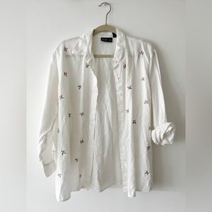Linen Blend Button Up Flower Embroidered Shirt - unique, lightweight